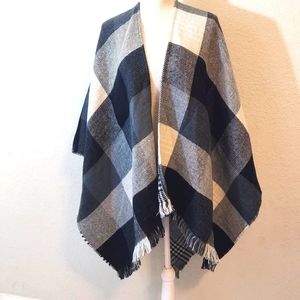 Do Everything In Love Buffalo Plaid Open Front Poncho Black Ivory Gray